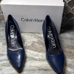 Calvin Klein Navy Pointed Toe Leather Pumps